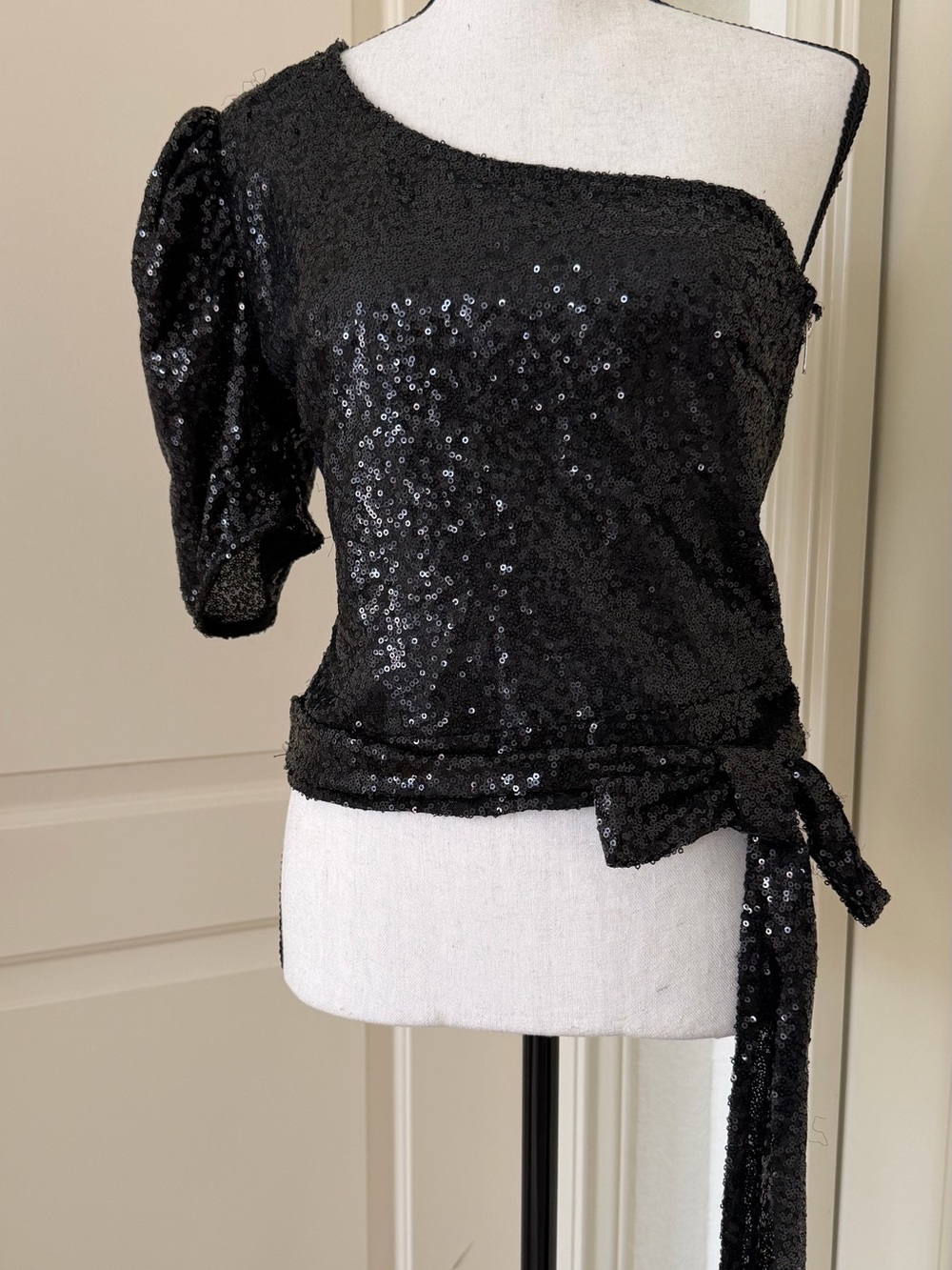 Women's Black Sequin One-Shoulder Wrap Blouse